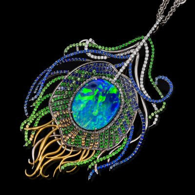 <span class="subtitlerp">Treasured Opals Collection</span><br /><br />Peacock Feather Inspired Pendant Featuring a 7.78ct Boulder Opal
